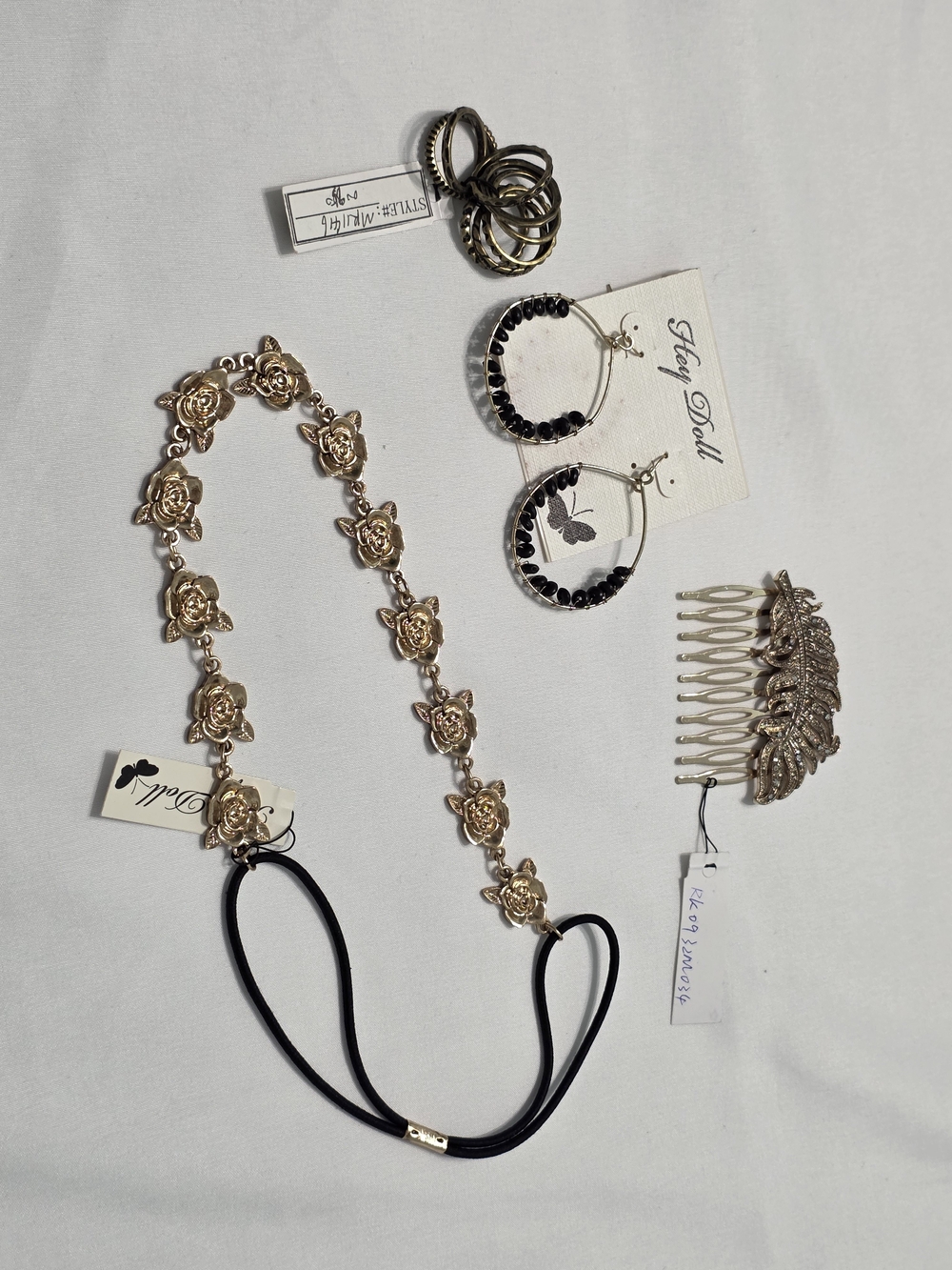Hey Doll Jewelry Lot - Gold Rose Headband, Hoop Earrings, Rings & Feather Hair C